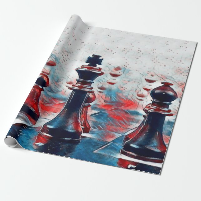 Papier Cadeau Rouge, Blanc, Pièces d'échecs Bleues Roi, Reine, É (Déroulé)