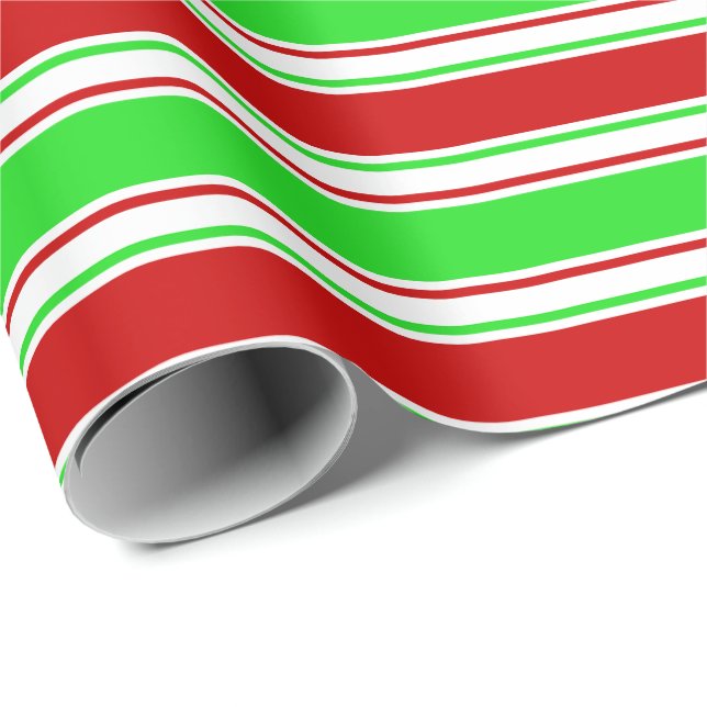 Papier Cadeau Rouge, Blanc, Vert. Grandes/Lignes Motif (Coin rond)