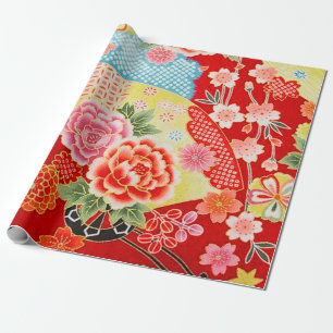Papier Cadeau Rouge bleu jaune japonais Kimono Floral Découpage
