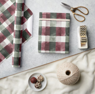 Papier Cadeau Rouge Bourgogne Crème verte Blanc Plaid