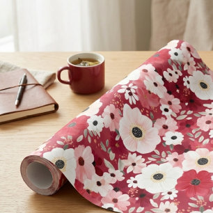 Papier Cadeau Rouge Bourgogne et Fleur d'Anémone Rose