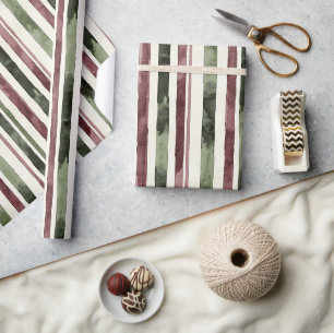 Papier Cadeau Rouge Bourgogne Vert Crème Rayures Noël
