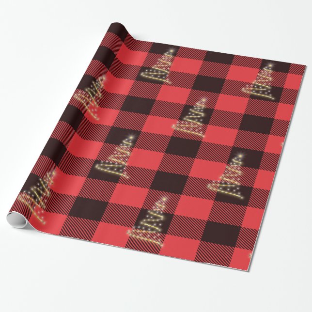 Papier Cadeau Rouge Et Noir Plaid Or Chrostmas Arbre Vacances (Déroulé)