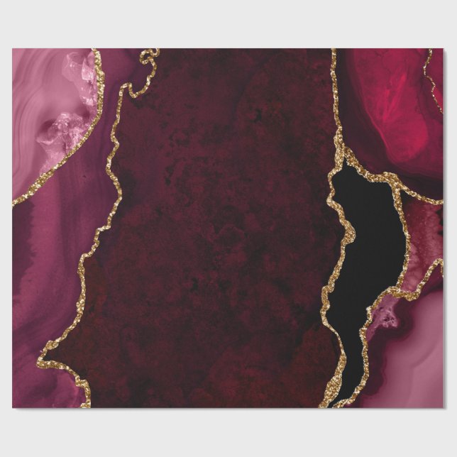 Papier Cadeau Rouge et Or Fausse Agate Pailletée (Plat)
