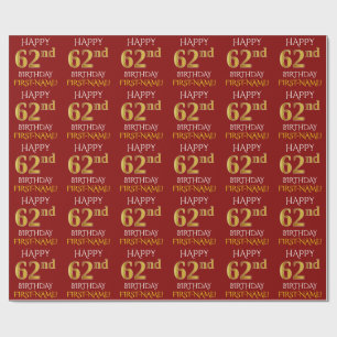 Papier Cadeau Rouge, Faux Gold "HAPPY 62nd BIRTHDAY"