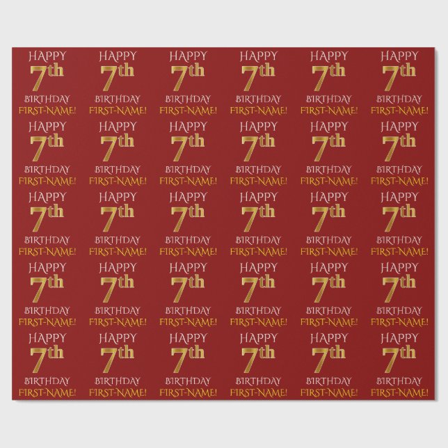 Papier Cadeau Rouge, Faux Gold "HAPPY 7th BIRTHDAY" (Plat)