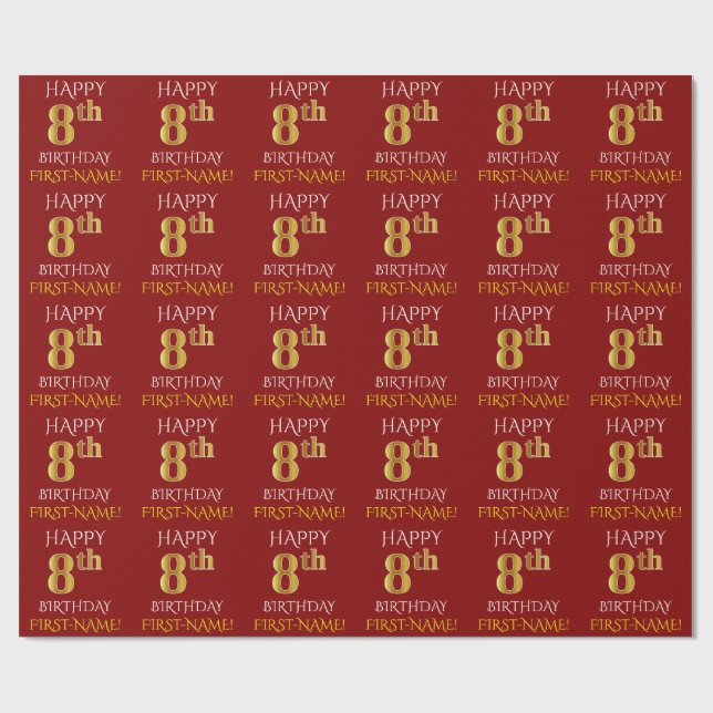 Papier Cadeau Rouge, Faux Gold "HEUREUX 8e anniversaire" (Plat)