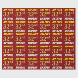 Papier Cadeau Rouge, Faux/Imitation Gold, "32e anniversaire"