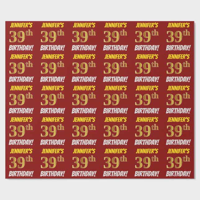 Papier Cadeau Rouge, Faux/Imitation Gold, "39e anniversaire" (Plat)