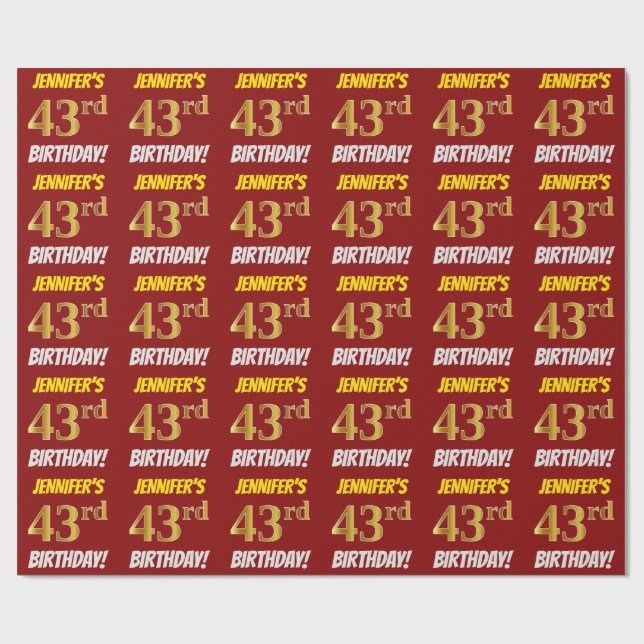 Papier Cadeau Rouge, Faux/Imitation Gold, "43e anniversaire" (Plat)