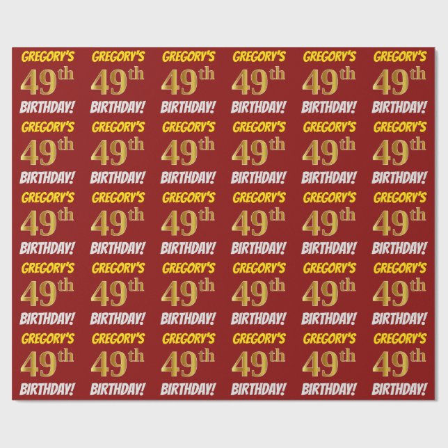 Papier Cadeau Rouge, Faux/Imitation Gold, "49e anniversaire" (Plat)