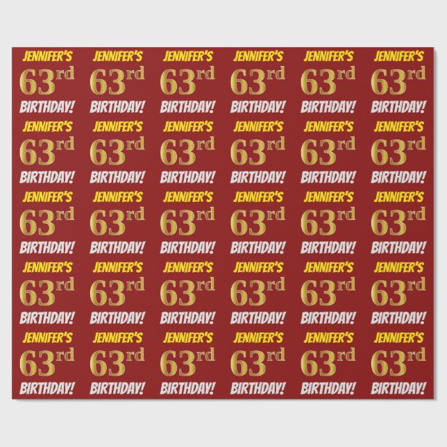Papier Cadeau Rouge, Faux/Imitation Gold, "63e anniversaire" (Plat)