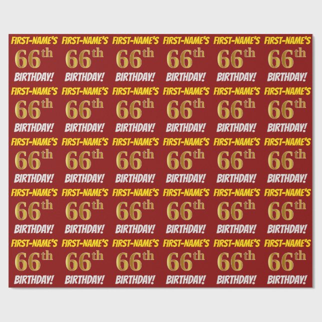 Papier Cadeau Rouge, Faux/Imitation Gold, "66e anniversaire" (Plat)