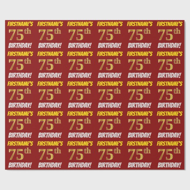 Papier Cadeau Rouge, Faux/Imitation Gold, "75e anniversaire" (Plat)