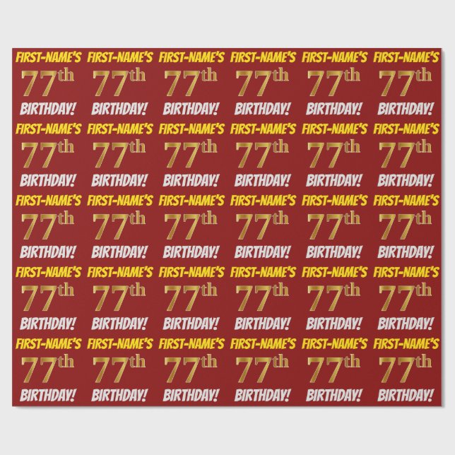 Papier Cadeau Rouge, Faux/Imitation Gold, "77e anniversaire" (Plat)