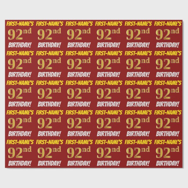 Papier Cadeau Rouge, Faux/Imitation Gold, "92e anniversaire" (Plat)
