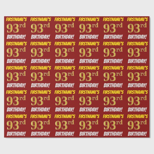 Papier Cadeau Rouge, Faux/Imitation Gold, "93e anniversaire" (Plat)