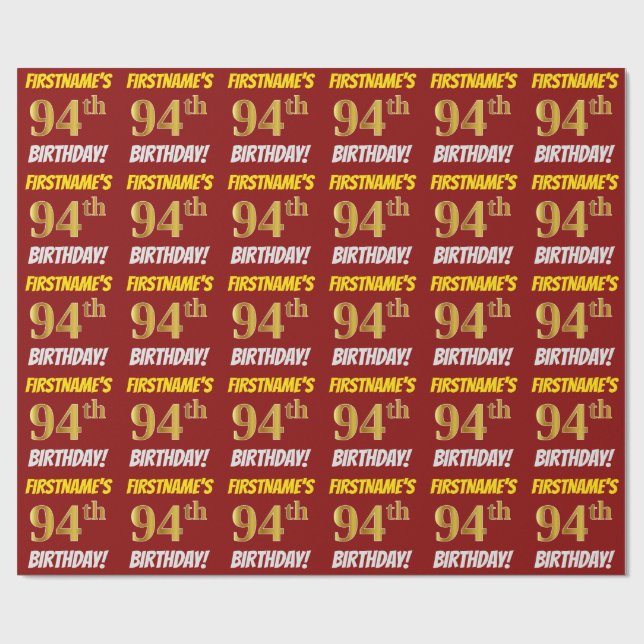 Papier Cadeau Rouge, Faux/Imitation Gold, "94e anniversaire" (Plat)