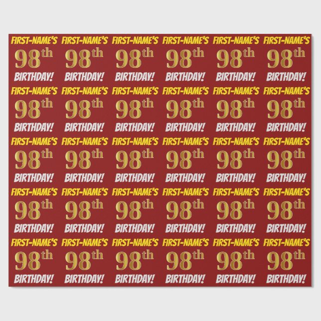 Papier Cadeau Rouge, Faux/Imitation Gold, "98e ANNIVERSAIRE" (Plat)