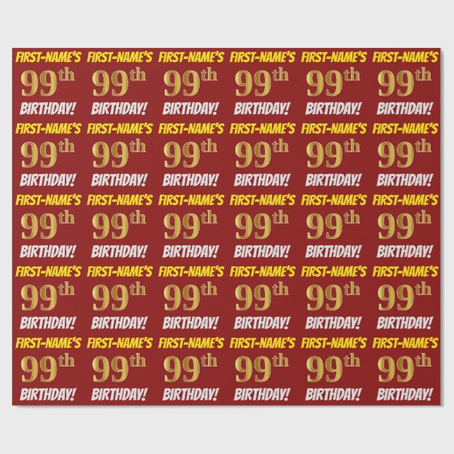 Papier Cadeau Rouge, Faux/Imitation Gold, "99e anniversaire" (Plat)