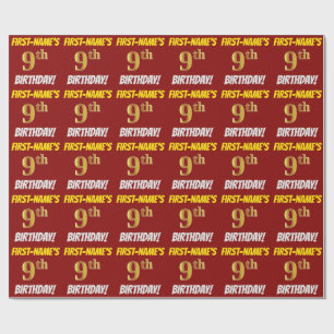 Papier Cadeau Rouge, Faux/Imitation Gold, "9e anniversaire"