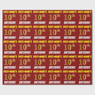 Papier Cadeau Rouge, Faux/Imitation Or, "10e anniversaire"