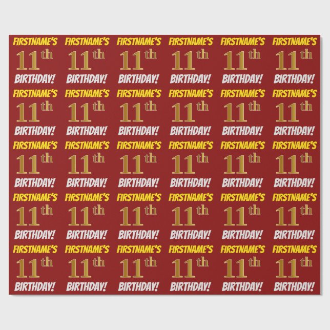 Papier Cadeau Rouge, Faux/Imitation Or, "11e ANNIVERSAIRE" (Plat)