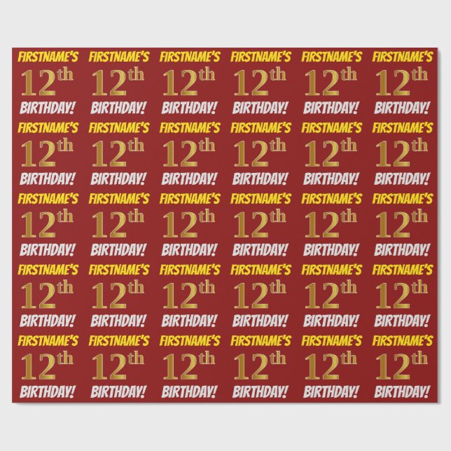 Papier Cadeau Rouge, Faux/Imitation Or, "12e anniversaire" (Plat)