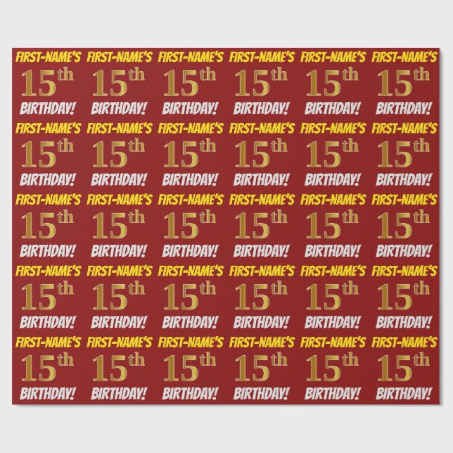 Papier Cadeau Rouge, Faux/Imitation Or, "15e anniversaire" (Plat)