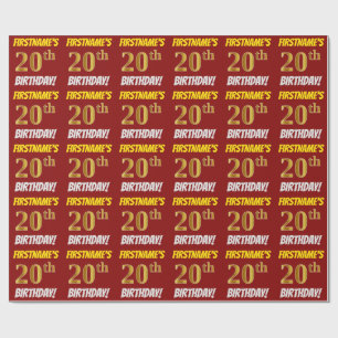 Papier Cadeau Rouge, Faux/Imitation Or, "20e ANNIVERSAIRE"