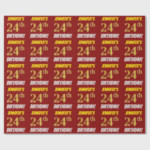Papier Cadeau Rouge, Faux/Imitation Or, "24e anniversaire"