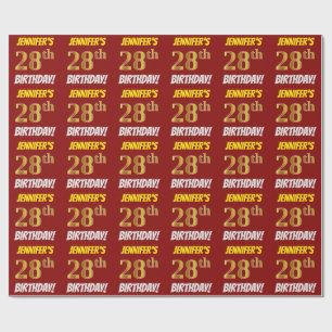 Papier Cadeau Rouge, Faux/Imitation Or, "28e ANNIVERSAIRE"