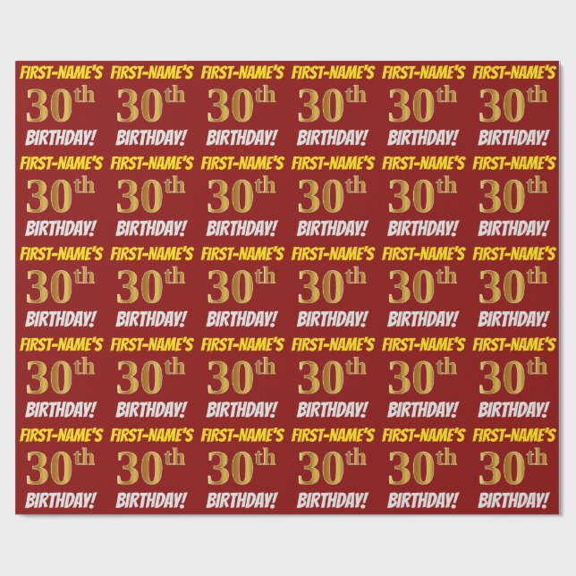 Papier Cadeau Rouge, Faux/Imitation Or, "30e anniversaire" (Plat)