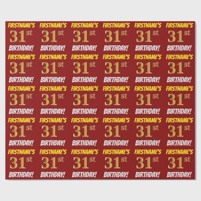 Papier Cadeau Rouge, Faux/Imitation Or, "31e ANNIVERSAIRE" (Plat)