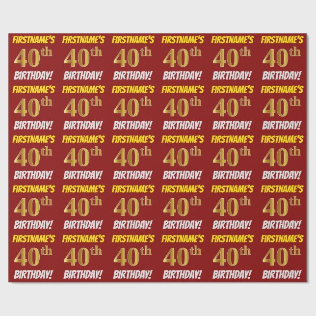 Papier Cadeau Rouge, Faux/Imitation Or, "40e ANNIVERSAIRE" (Plat)