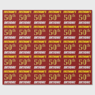 Papier Cadeau Rouge, Faux/Imitation Or, "50e ANNIVERSAIRE"