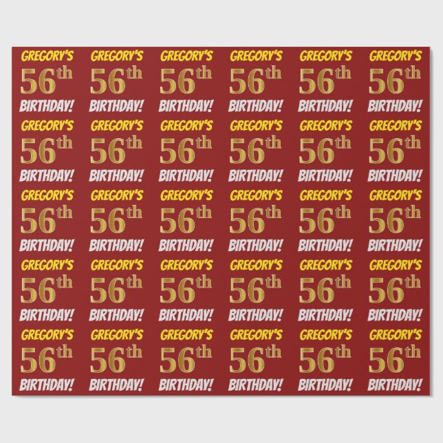 Papier Cadeau Rouge, Faux/Imitation Or, "56e anniversaire" (Plat)
