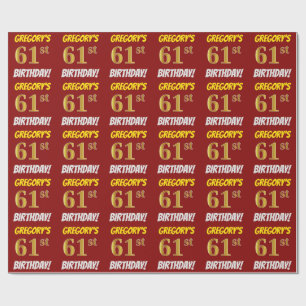 Papier Cadeau Rouge, Faux/Imitation Or, "61e ANNIVERSAIRE"