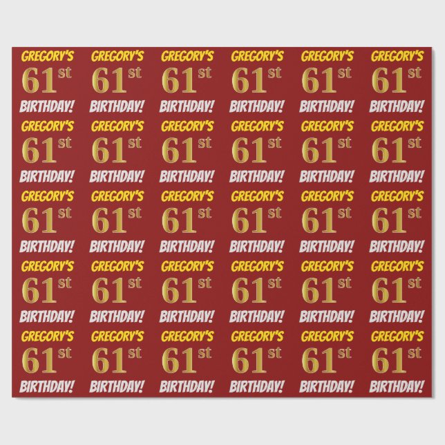 Papier Cadeau Rouge, Faux/Imitation Or, "61e ANNIVERSAIRE" (Plat)