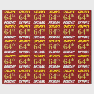Papier Cadeau Rouge, Faux/Imitation Or, "64e anniversaire"