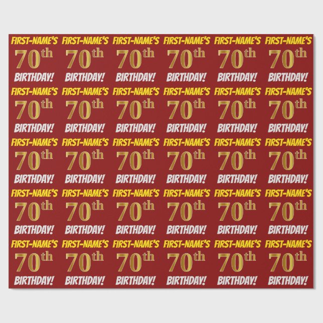 Papier Cadeau Rouge, Faux/Imitation Or, "70e ANNIVERSAIRE" (Plat)