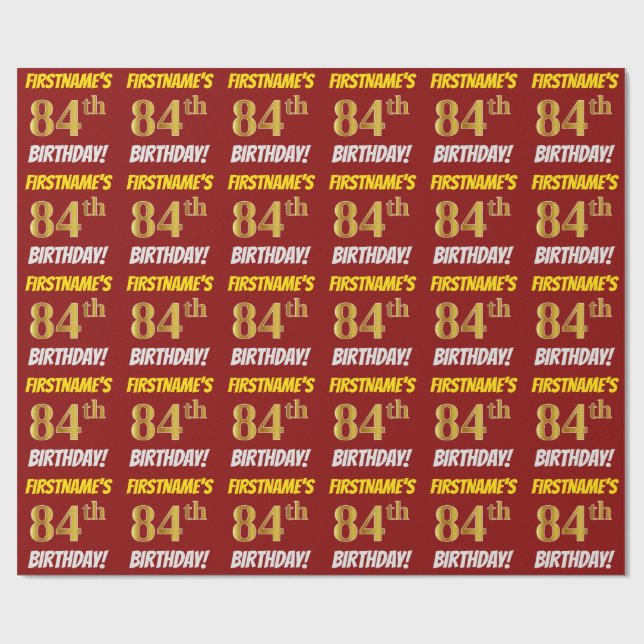 Papier Cadeau Rouge, Faux/Imitation Or, "84e anniversaire" (Plat)