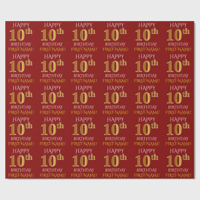 Papier Cadeau Rouge, Faux Or "HEUREUX 10ème anniversaire" (Plat)