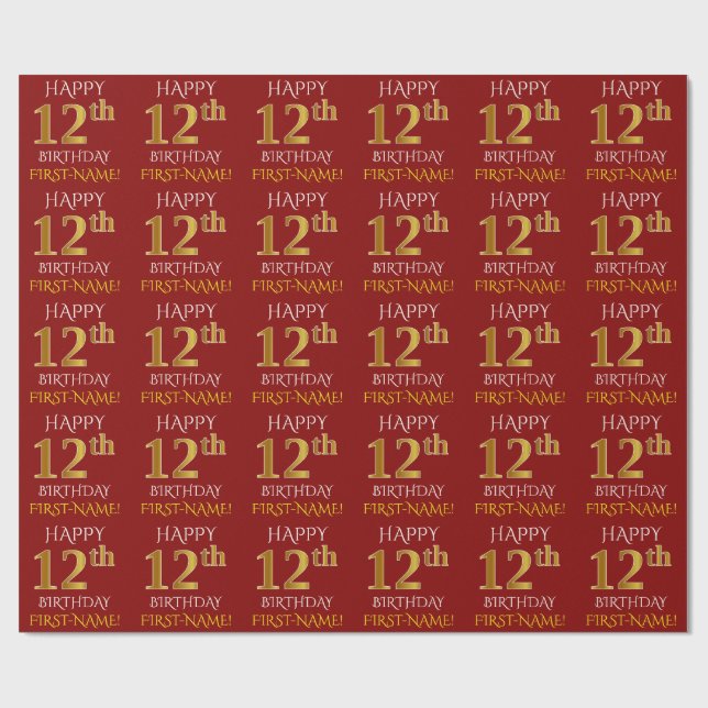 Papier Cadeau Rouge, Faux Or "HEUREUX 12ème anniversaire" (Plat)