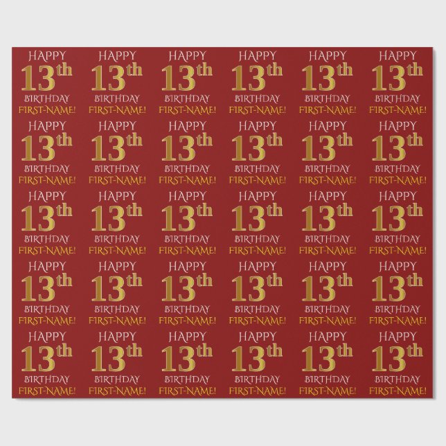 Papier Cadeau Rouge, Faux Or "HEUREUX 13ème anniversaire" (Plat)