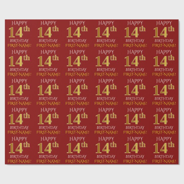 Papier Cadeau Rouge, Faux Or "HEUREUX 14ème anniversaire" (Plat)