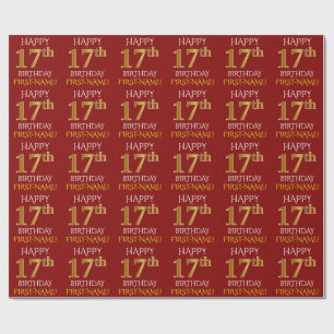 Papier Cadeau Rouge, Faux Or "HEUREUX 17ème anniversaire"
