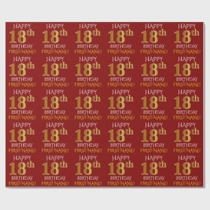 Papier Cadeau Rouge, Faux Or "HEUREUX 18ème anniversaire"