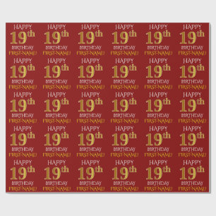 Papier Cadeau Rouge, Faux Or "HEUREUX 19ème anniversaire"