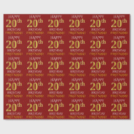 Papier Cadeau Rouge, Faux Or "HEUREUX 20e anniversaire"